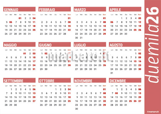Calendario 2026 con le festività in PDF