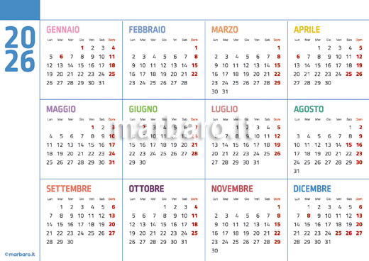 Calendario 2026 con le festività italiane da stampare