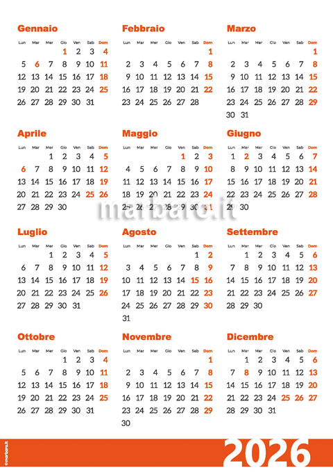 Calendario 2026 da scaricare in PDF