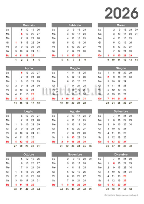 Calendario 2026 da stampare con i giorni festivi