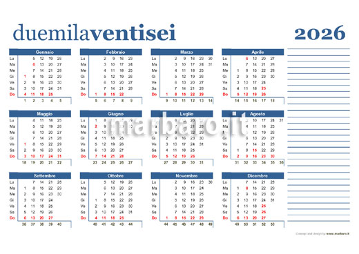 Calendario 2026 da stampare con i numeri delle settimane