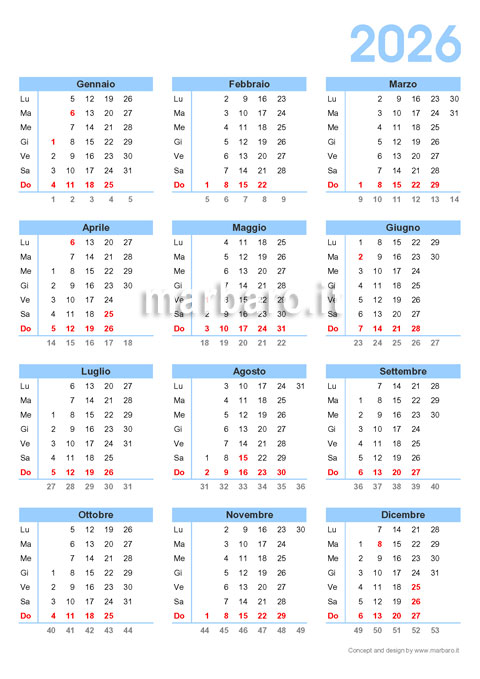 Calendario 2026 da stampare con le festività italiane