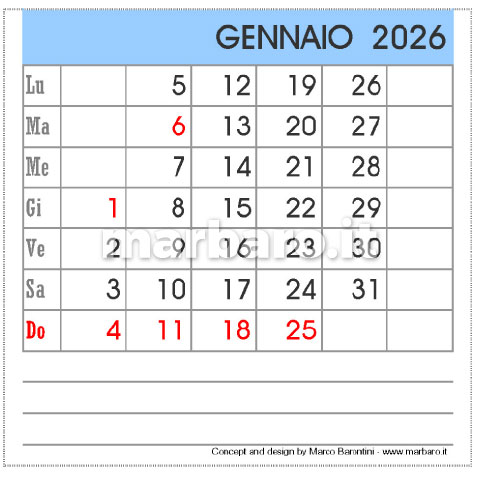 Calendario 2026 da tavolo da stampare