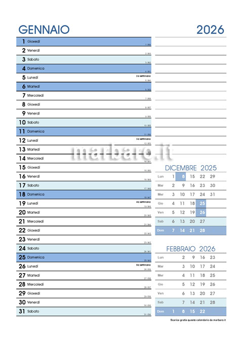 Calendario 2026 mensile in PDF da stampare