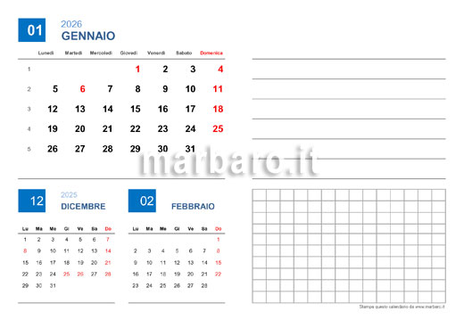 Calendario 2026 mensile in PDF stampabile