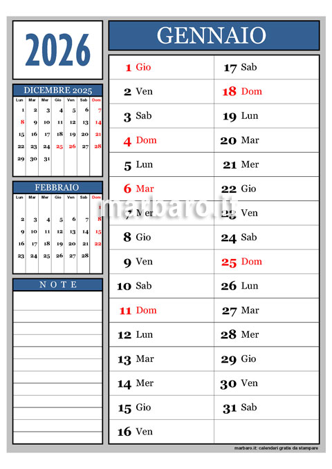 Calendario 2026 mensile stampabile con le festività