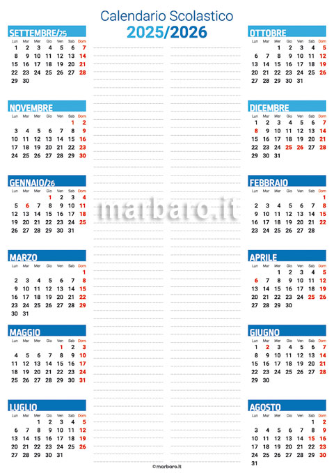 Calendario per l'anno scolastico 2025/26 da stampare
