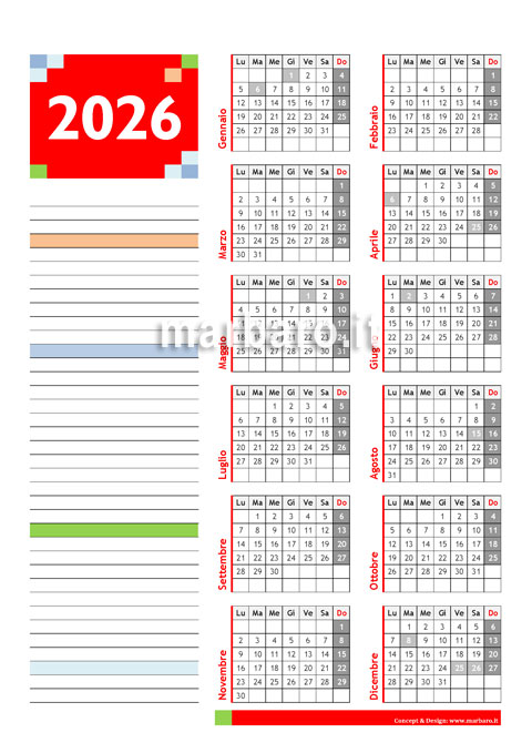 Calendario annuale 2026 in PDF da stampare