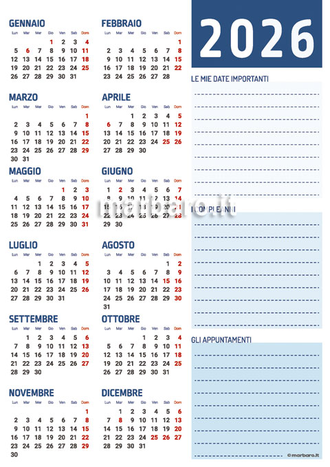 Calendario annuale 2026 PDF stampabile