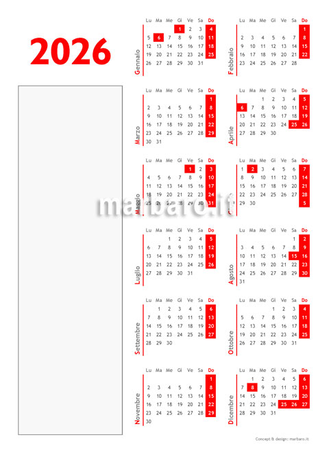 Calendario annuale 2026 da stampare