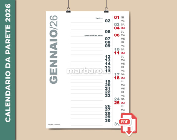 Calendario da parete 2026 PDF da stampare