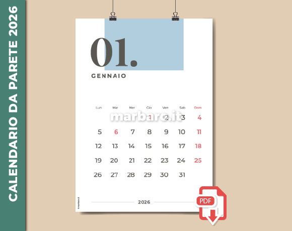 Calendario da parete 2026 stampabile in A4