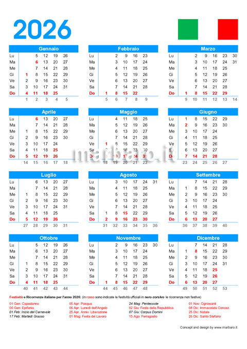 Calendario italiano 2026 con le festività dell'Italia