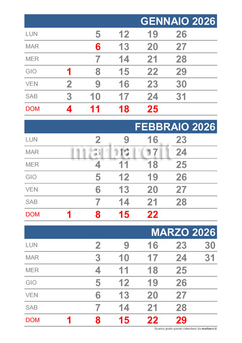 Calendario mensile 2026 da stampare con 3 mesi per pagina