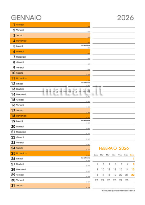 Calendario mensile 2026 in PDF da stampare