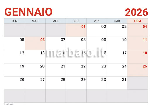 Calendario mensile 2026 con le festività stampabile