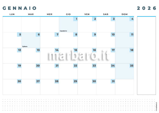 Calendario mensile 2026 in PDF stampabile