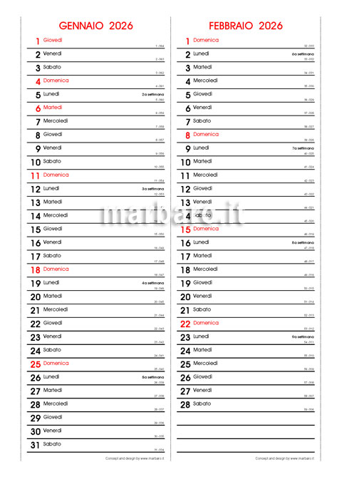 Calendario mensile 2026 stampabile 2 mesi per pagina