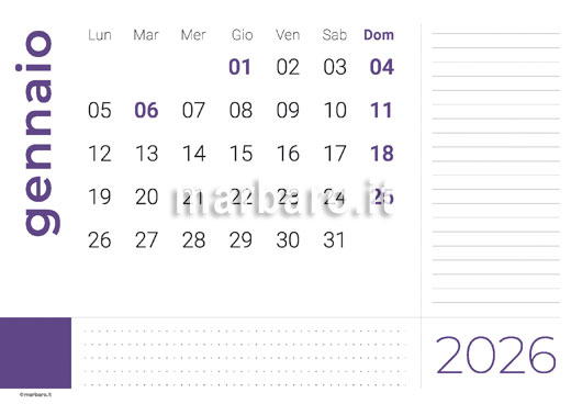 Calendario mensile 2026 stampabile in A4