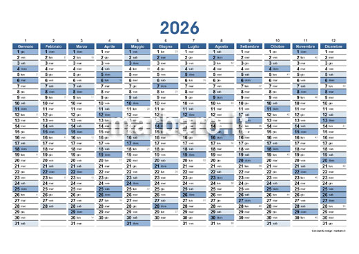 Calendario planner 2026 da stampare con i numeri delle settimane