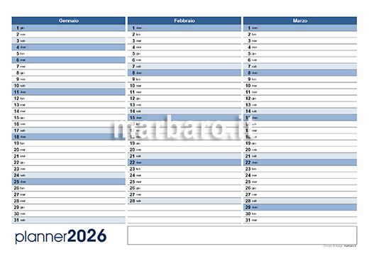 Calendario planning 2026 stampabile su 4 pagine
