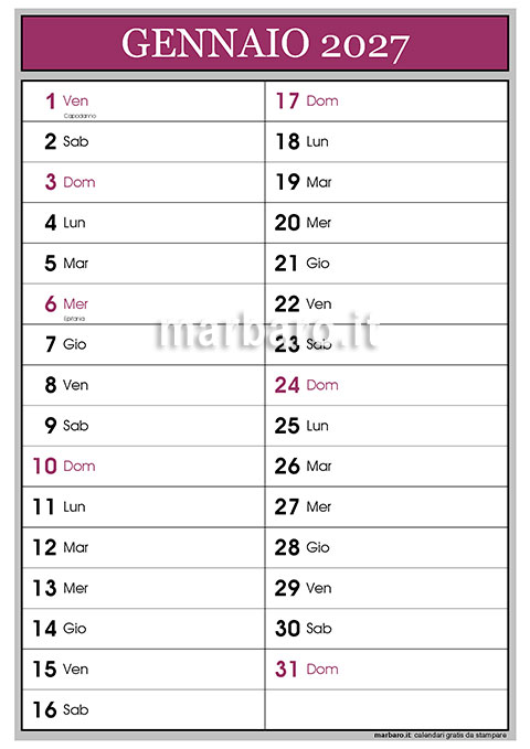 Calendari mensili 2027 in PDF da stampare in A4