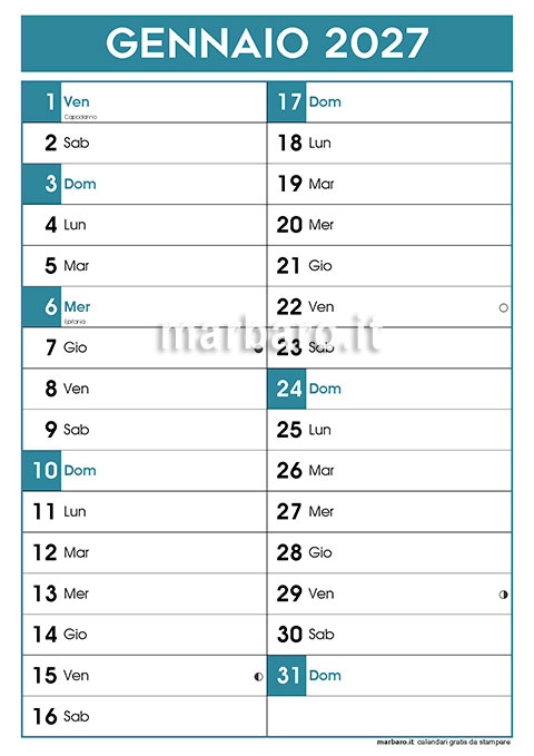 Calendari mensili 2027 da scaricare in PDF