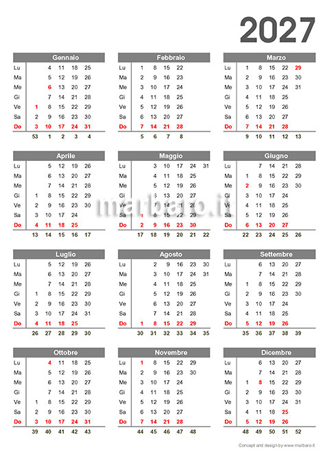 Calendario 2027 con i giorni festivi dell'Italia e il numero delle settimane
