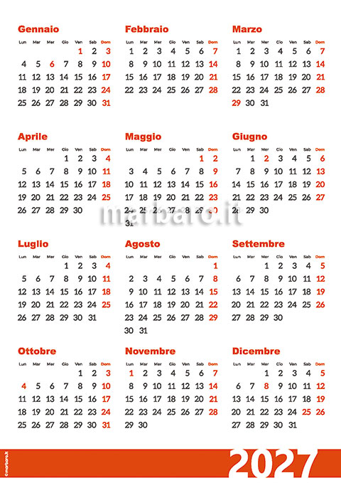 Calendario 2027 con i giorni festivi dell'Italia