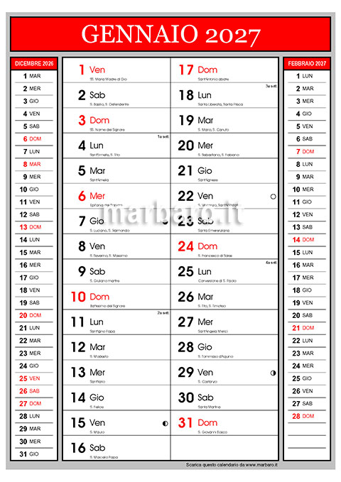 Calendario 2027 con i santi e le lune da stampare Calendario 2027 con i santi e le lune da stampare