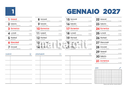 Calendario 2027 con i santi e i numeri delle settimane da stampare Calendario 2027 con i santi e i numeri delle settimane da stampare