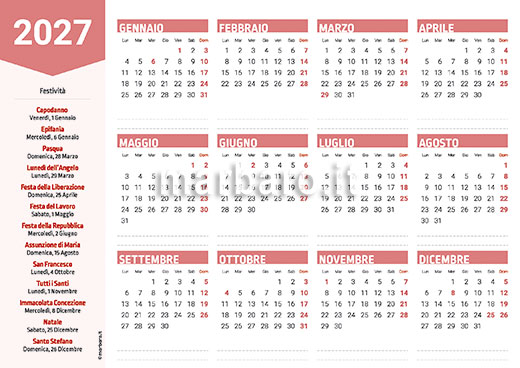 Calendario 2027 con le festività italiane A4 orizzontale