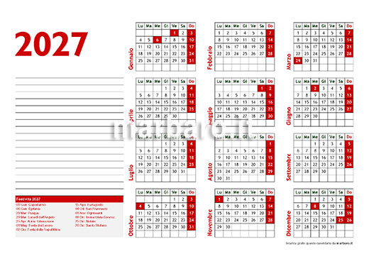 Calendario 2027 con le festività italiane da stampare