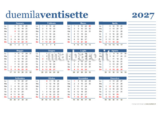 Calendario 2027 con le settimane stampabile Calendario 2027 con le settimane stampabile
