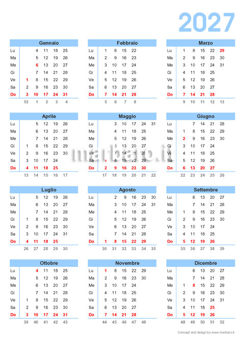 Calendario 2027 con le settimane stampabile su A4 Calendario 2027 con le settimane stampabile su A4