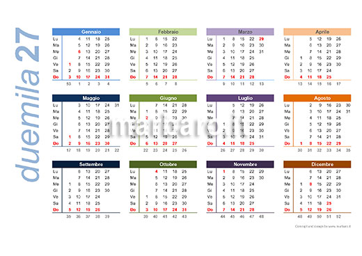 Calendario 2027 con le settimane e le festività A4 orizzontale