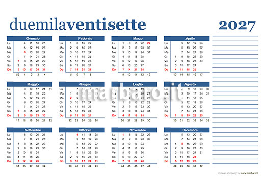 Calendario 2027 da stampare con i numeri delle settimane
