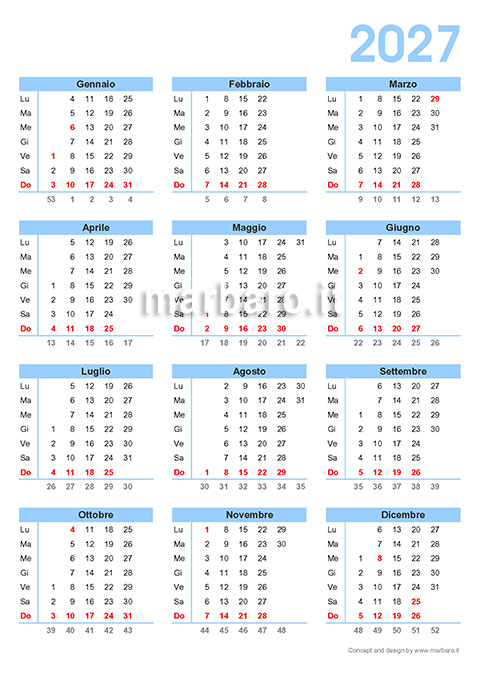 Calendario 2027 da stampare con i giorni festivi e le settimane