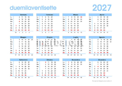 Calendario 2027 con giorni festivi e settimane