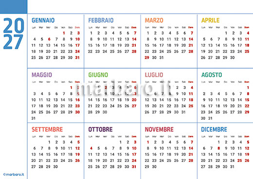 Calendario 2027 da stampare su fogli A4