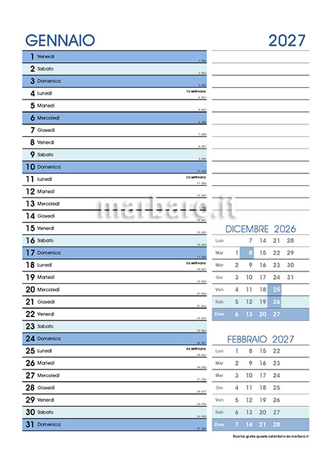 Calendario 2027 mensile in PDF da stampare