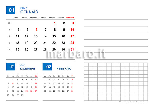 Calendario 2027 mensile in PDF stampabile