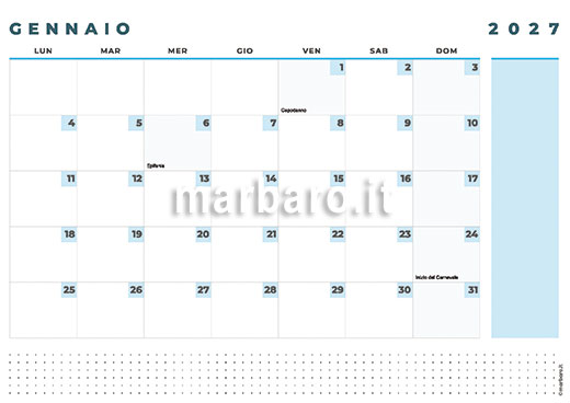 Calendario 2027 mensile da scaricare in PDF