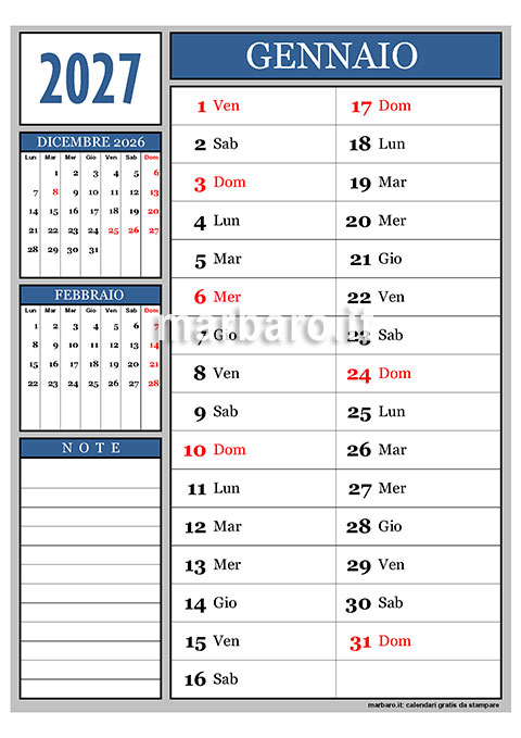 Calendario 2027 mensile da stampare