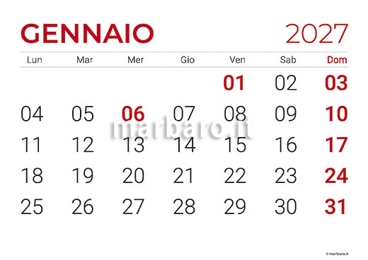 Calendario 2027 mensile con numeri dei giorni grandi