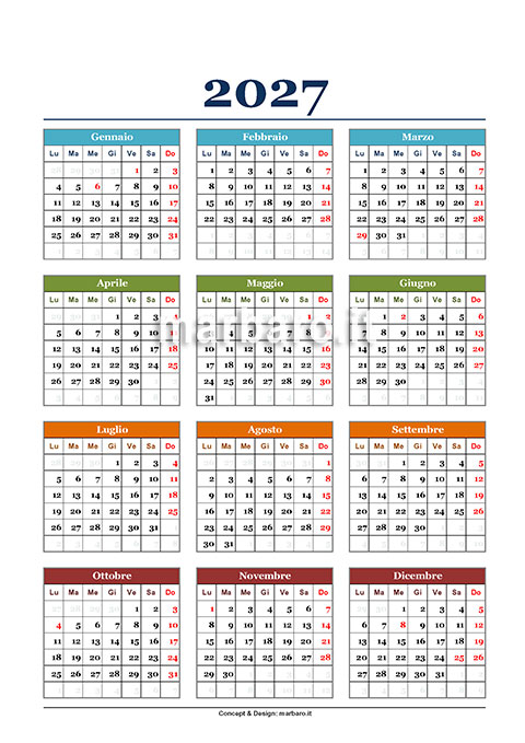 Calendario 2027 verticale con le festività italiane