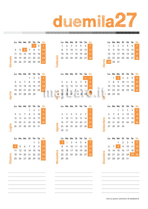 Calendario annuale 2027 in A4 verticale