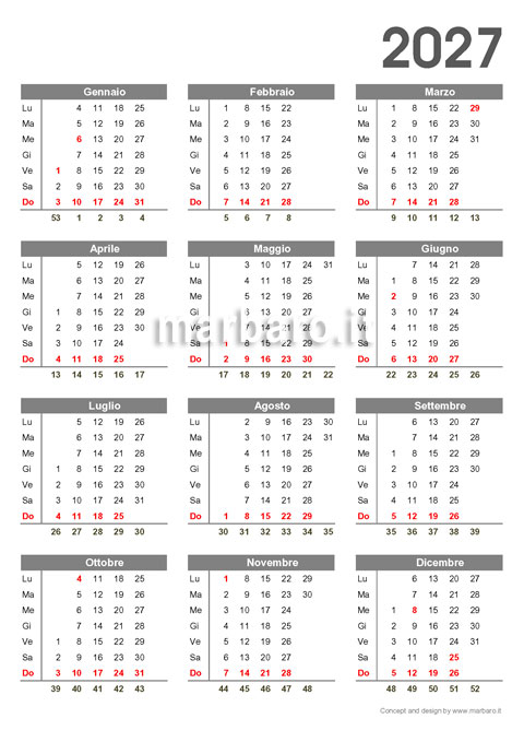 Calendario annuale 2027 con i numeri delle settimane stampabile Calendario annuale 2027 con i numeri delle settimane stampabile