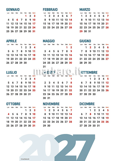 Calendario annuale 2027 da stampare in A4 verticale