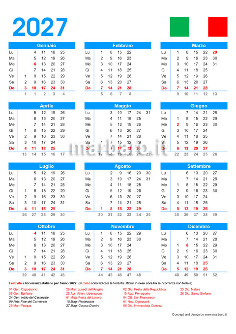 Calendario italiano 2027 stampabile con le festività Calendario italiano 2027 stampabile con le festività